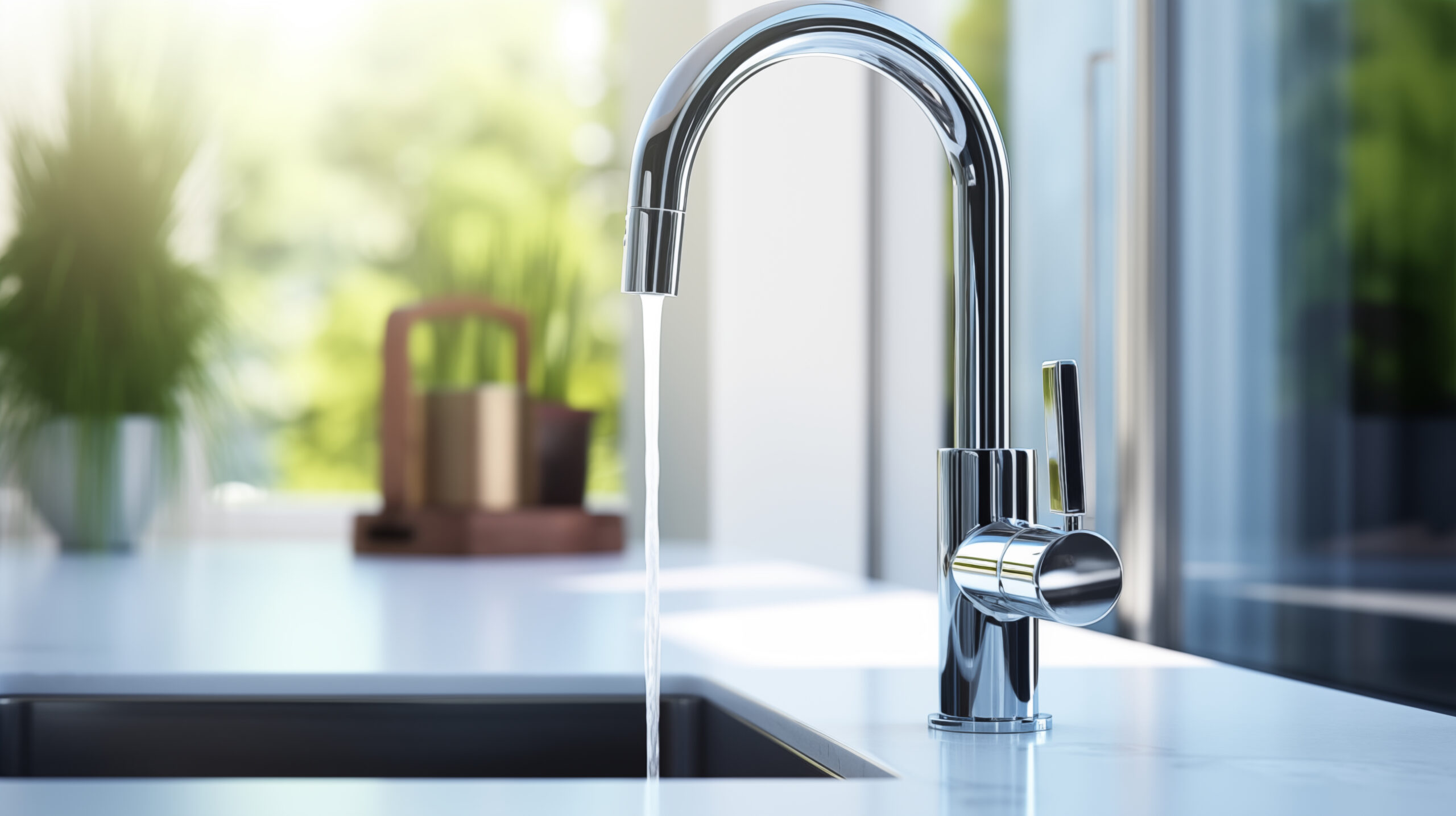 Kitchen Faucet on a blurry background, Expert HVAC Plumbing Electrical services